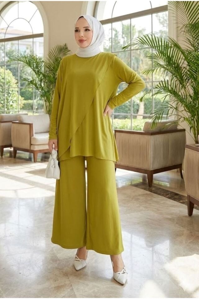 Kadın Sandy Ön ve Arka Omuzdan Kanatlı Asimetrik Kesim Tesettür İkili Pasntolonlu Takım Y.Yeşi̇l - 46