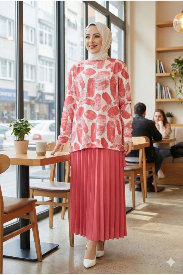 kadın sandy yağ yeşil yazlık rahat kalıp 2li eteği piliseli ikil tesettür etekli takım Nar - 52