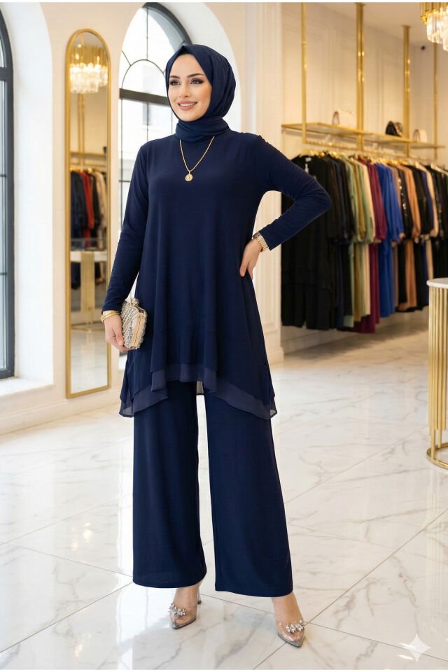 Kadın Sandy siyah Bluzun Eteği Şifon Detaylı Bol Paça Pantolonlu Tesettür İkili Takım Laci̇vert - 42